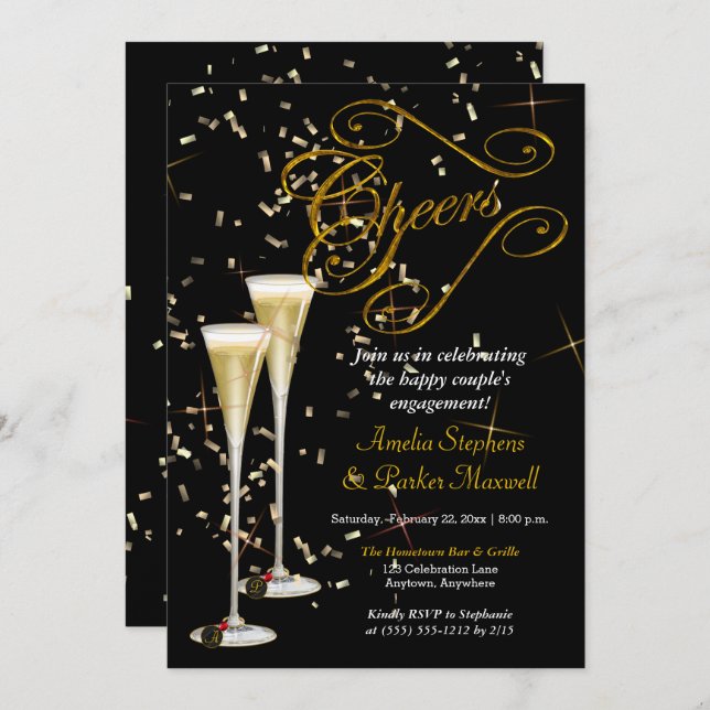 Golden Confetti Champagne Cheers Engagement Party Invitation (Front/Back)