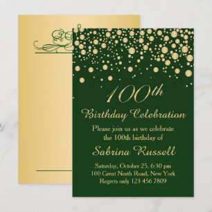 Golden confetti, dark green 100 Birthday party Invitation