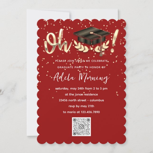 Golden Confetti Graduate Party QR Code Red Invitation (Front)