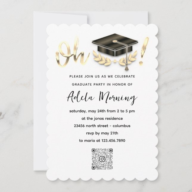 Golden Confetti Graduate Party QR Code White Invitation (Front)