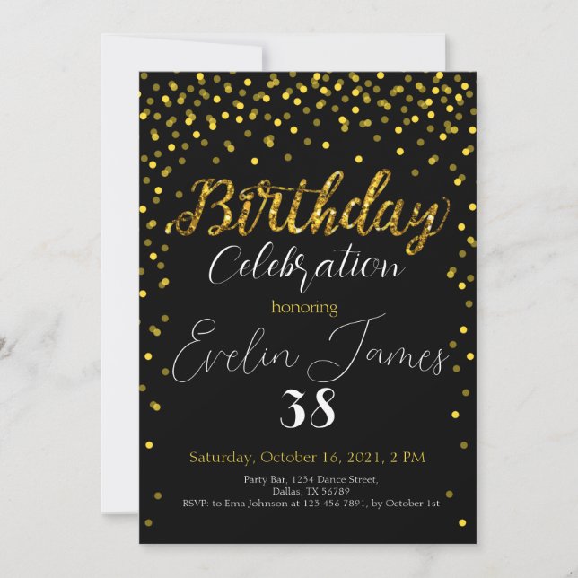 Golden Confetti Invitation, Gold Birthday Party  Invitation (Front)