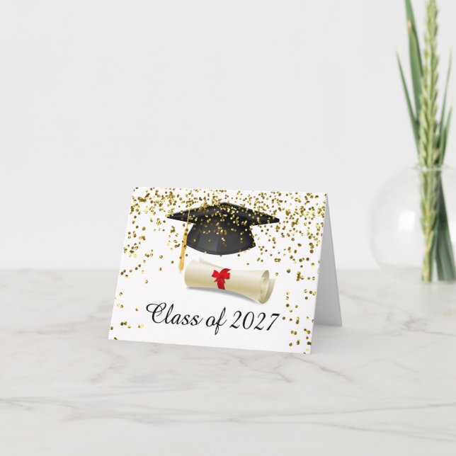 Golden confetti, mortar, diploma Graduation Card (Front)