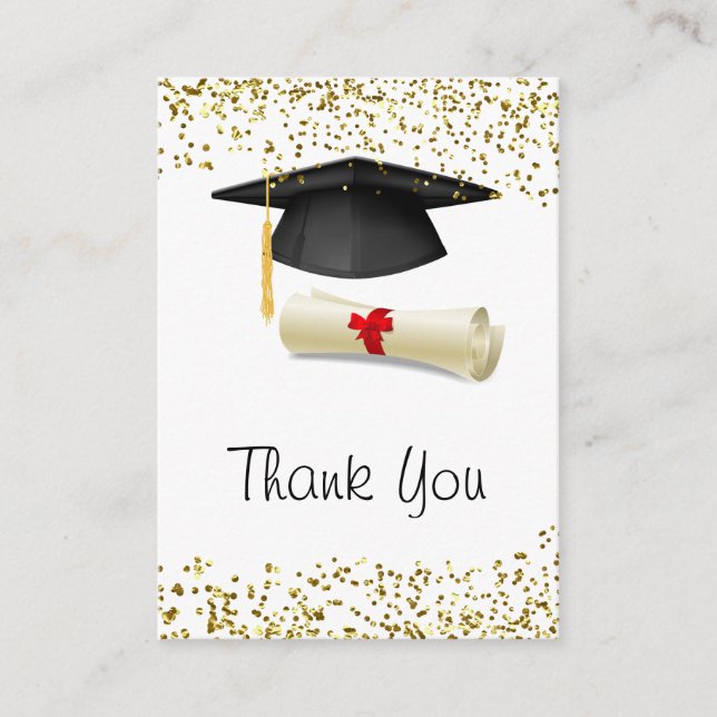 Golden confetti, mortar, diploma Graduation Enclosure Card (Front)