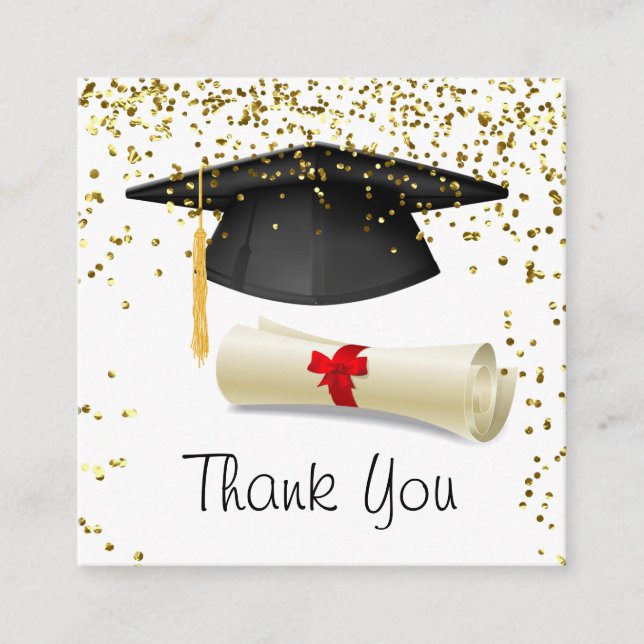 Golden confetti, mortar, diploma Graduation Enclosure Card (Front)