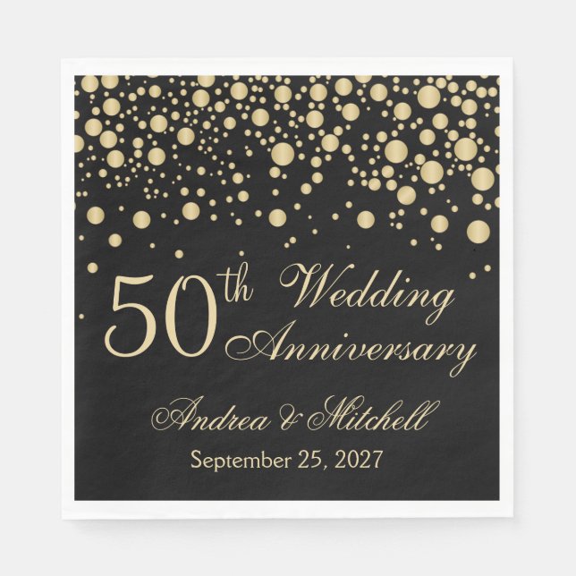 Golden confetti on black 50th Wedding Anniversary Napkin (Front)