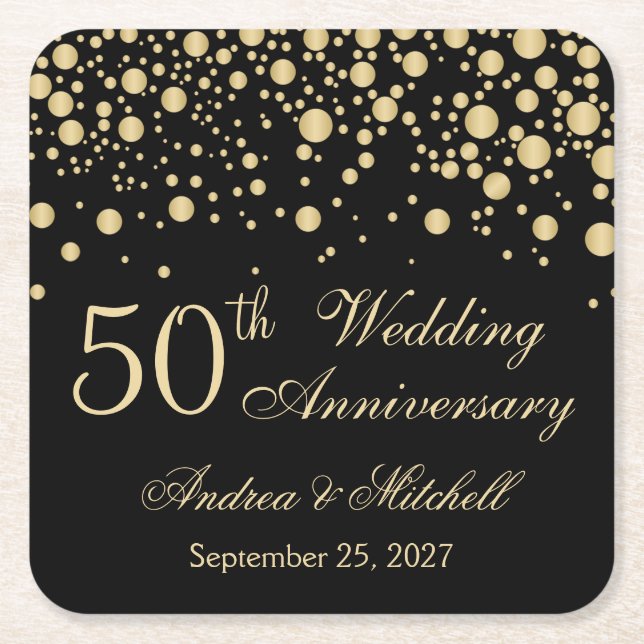 Golden confetti on black 50th Wedding Anniversary Square Paper Coaster (Front)