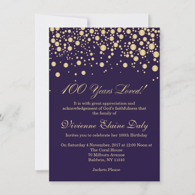 Golden confetti on purple 100 Birthday party Invitation (Front)