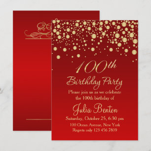 Golden confetti on red 100th Birthday Invitation
