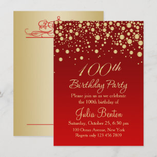 Golden confetti on red 100th Birthday Invitation