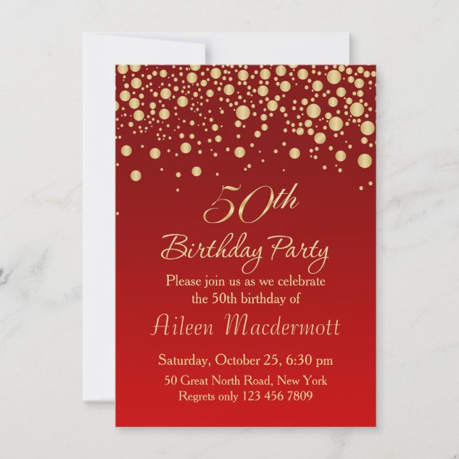 Golden confetti on red 50th Birthday Invitation (Front)