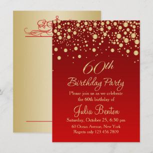Golden confetti on red 60th Birthday Invitation