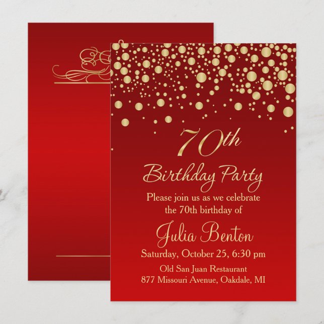 Golden confetti on red 70th Birthday Invitation (Front/Back)