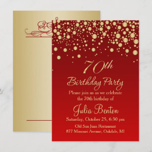 Golden confetti on red 70th Birthday Invitation