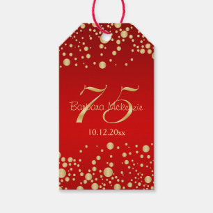 Golden confetti on red 75th Birthday Party Gift Tags