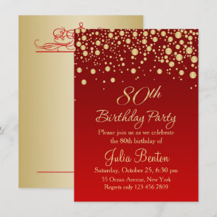 Golden confetti on red 80th Birthday Invitation
