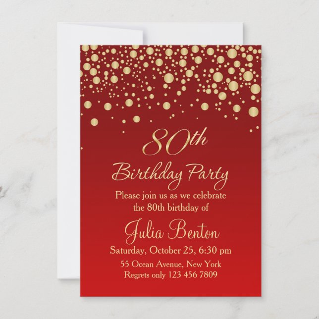 Golden confetti on red 80th Birthday Invitation (Front)