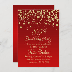 Golden confetti on red 85th Birthday Invitation