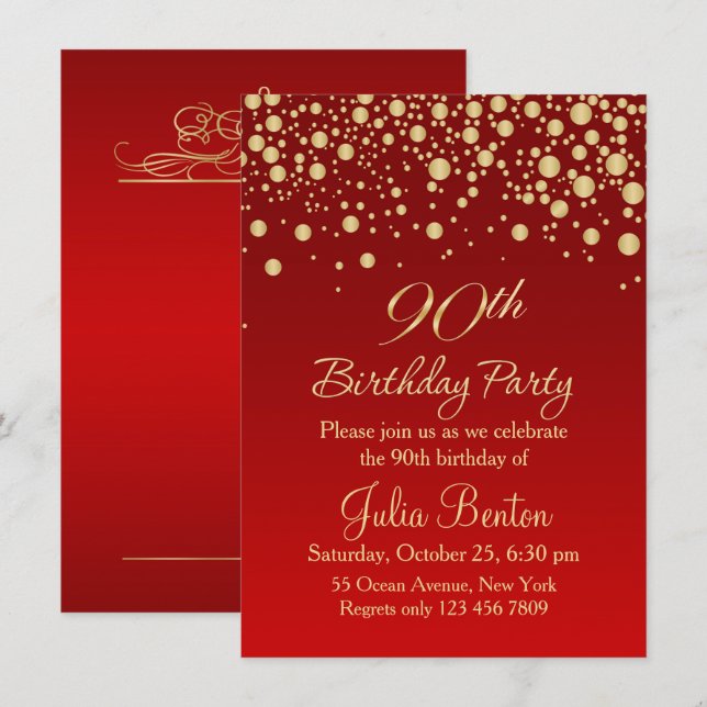 Golden confetti on red 90th Birthday Invitation (Front/Back)