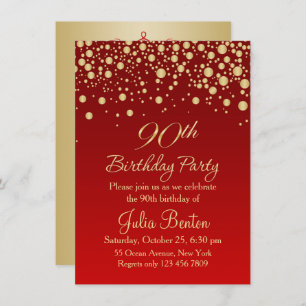 Golden confetti on red 90th Birthday Invitation