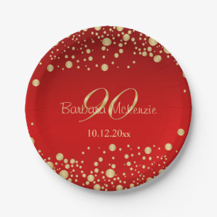 Golden confetti on red 90th Birthday Paper Plate
