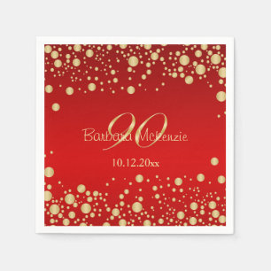 Golden confetti on red 90th Birthday Party Napkin