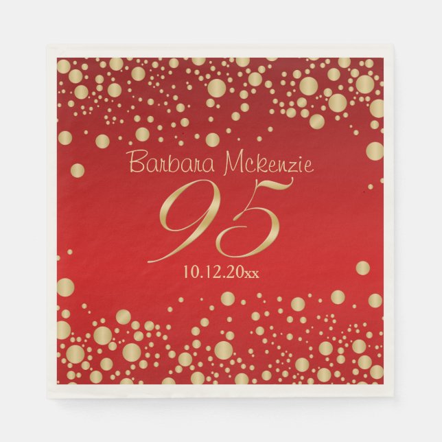 Golden confetti on red 95th Birthday Party Napkin (Front)