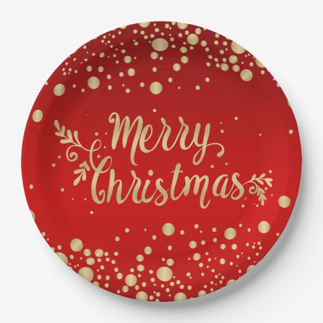 Golden confetti on red Merry Christmas Paper Plate (Front)