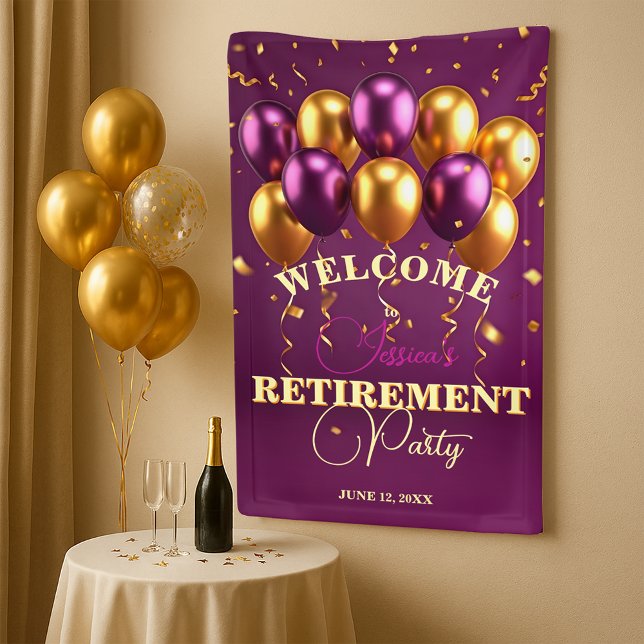 Golden Confetti & Purple Balloons Retirement Party Banner (Creator Uploaded)