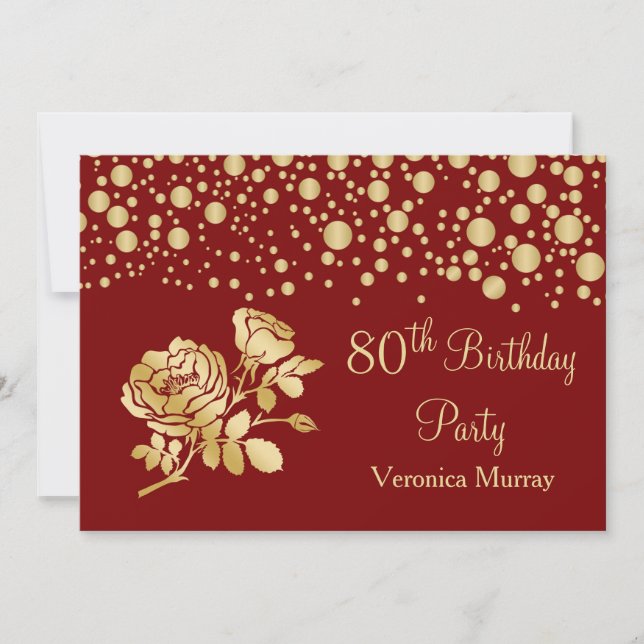 Golden confetti, rose on red 80th Birthday Invitation (Front)