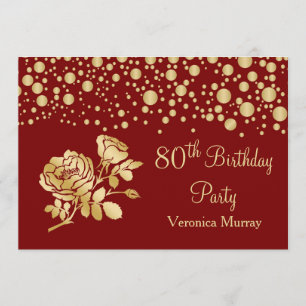 Golden confetti, rose on red 80th Birthday Invitation