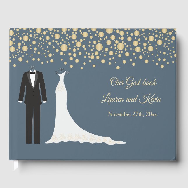 Golden confetti, tuxedo and Gown Wedding Guest Book (Front)