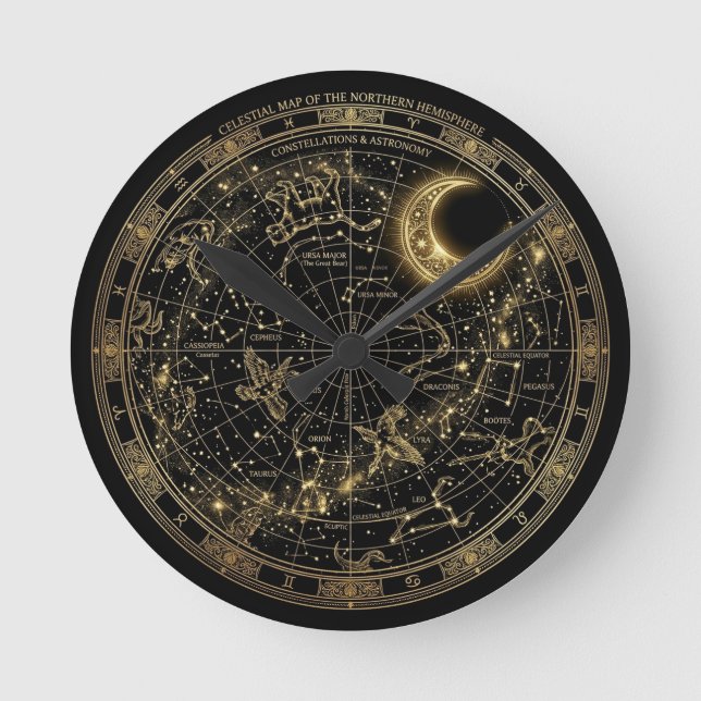 Golden Constellation Celestial Map Wall Clock (Front)