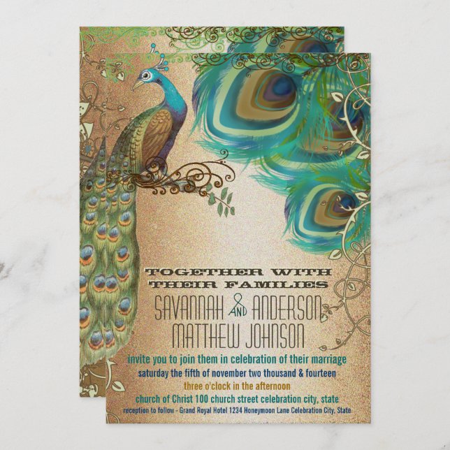Golden Copper Champagne Gold Peacock Feathers Invitation (Front/Back)