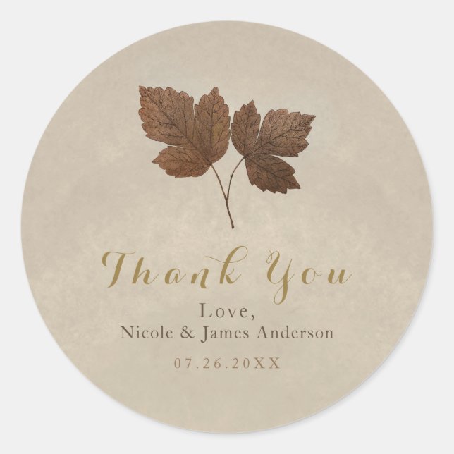 Golden Copper Fall Leaves Elegant Custom Party Classic Round Sticker (Front)