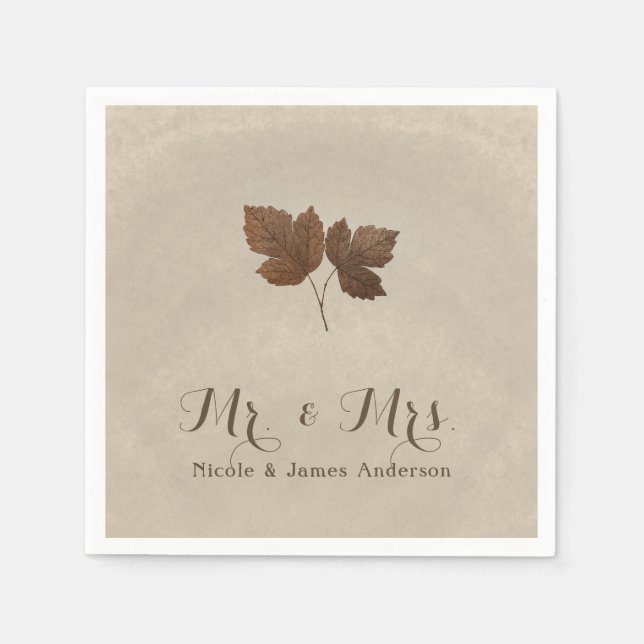 Golden Copper Fall Leaves Elegant Custom Party Napkin (Front)