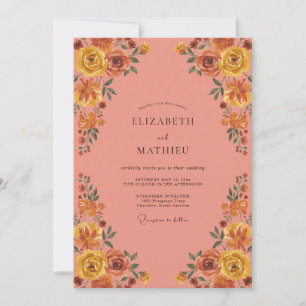 Golden Coral Ranunculus Soft Eucalyptus Wedding Invitation