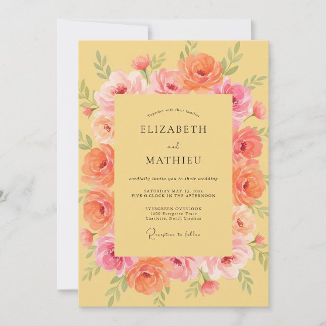 Golden Coral Rose Wedding Invitation (Front)