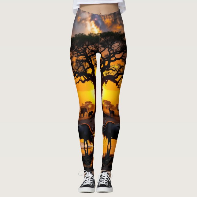 Golden Cosmic Watering Hole Sunset Leggings Tights (Front)