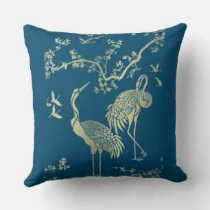 Golden cranes Art, Blue background Cushion