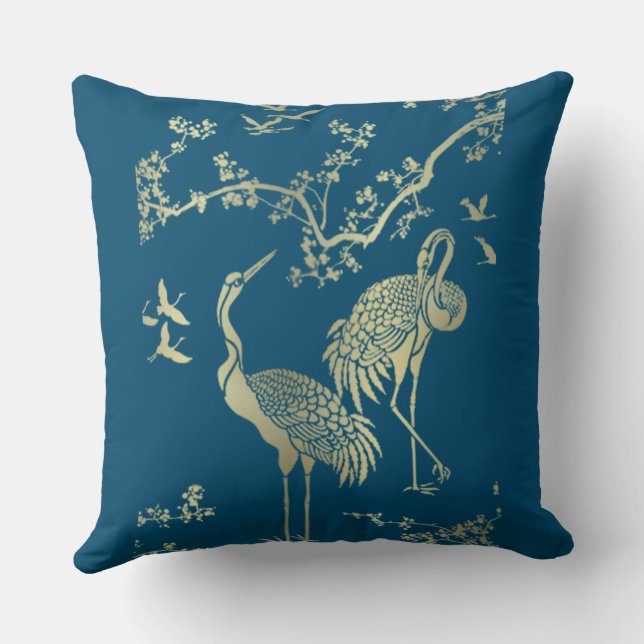 Golden cranes Art, Blue background  Cushion (Back)