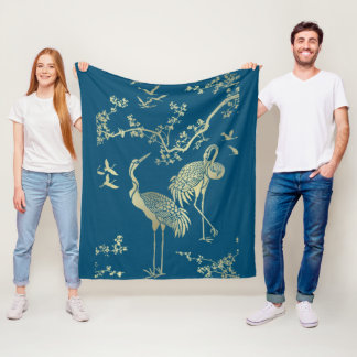 Golden cranes Art, Blue background    Fleece Blanket