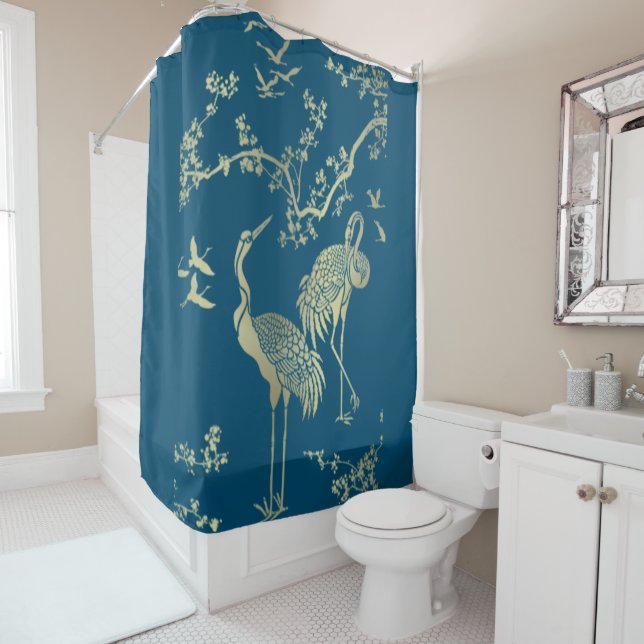 Golden cranes Art, Blue background   Shower Curtain (In Situ)