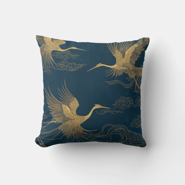 Golden Cranes on Midnight Blue Cushion (Front)