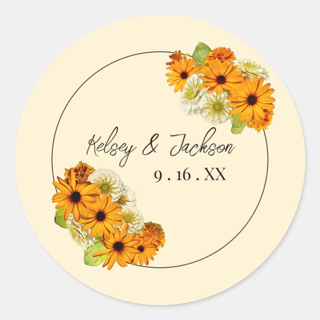 Golden & Cream Florals Wedding Classic Round Sticker (Front)