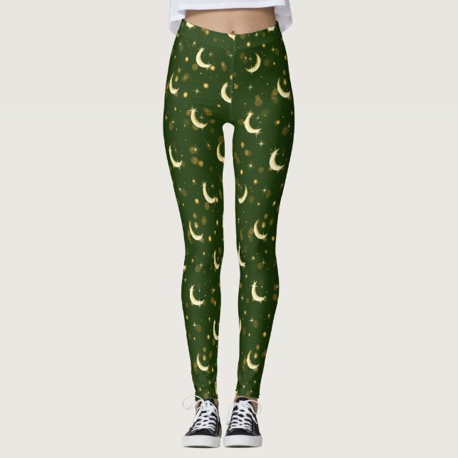 Golden Crescent Moon Bokeh - Celestial Starry Leggings (Front)