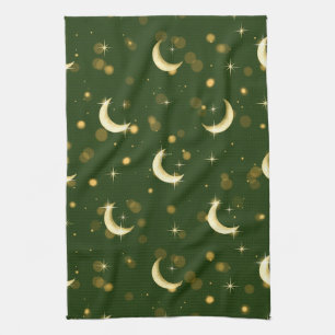 Golden Crescent Moon Bokeh - Celestial Starry Tea Towel