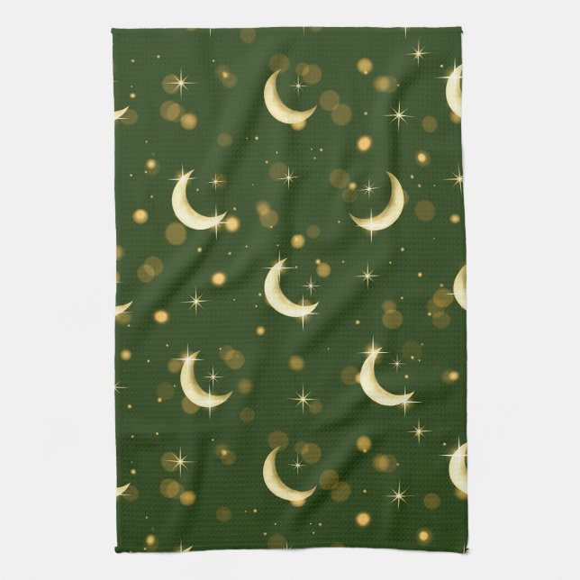 Golden Crescent Moon Bokeh - Celestial Starry Tea Towel (Vertical)