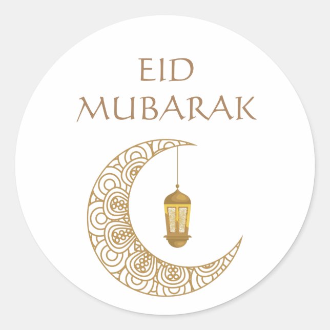 Golden Crescent Moon & Lantern Eid Mubarak Islamic Classic Round Sticker (Front)