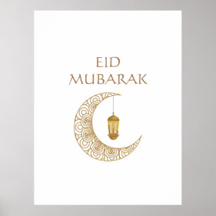 Golden Crescent Moon & Lantern Eid Mubarak Islamic Poster