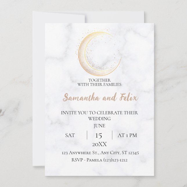 Golden Crescent Moon Magick Marble Wedding Invitation (Front)